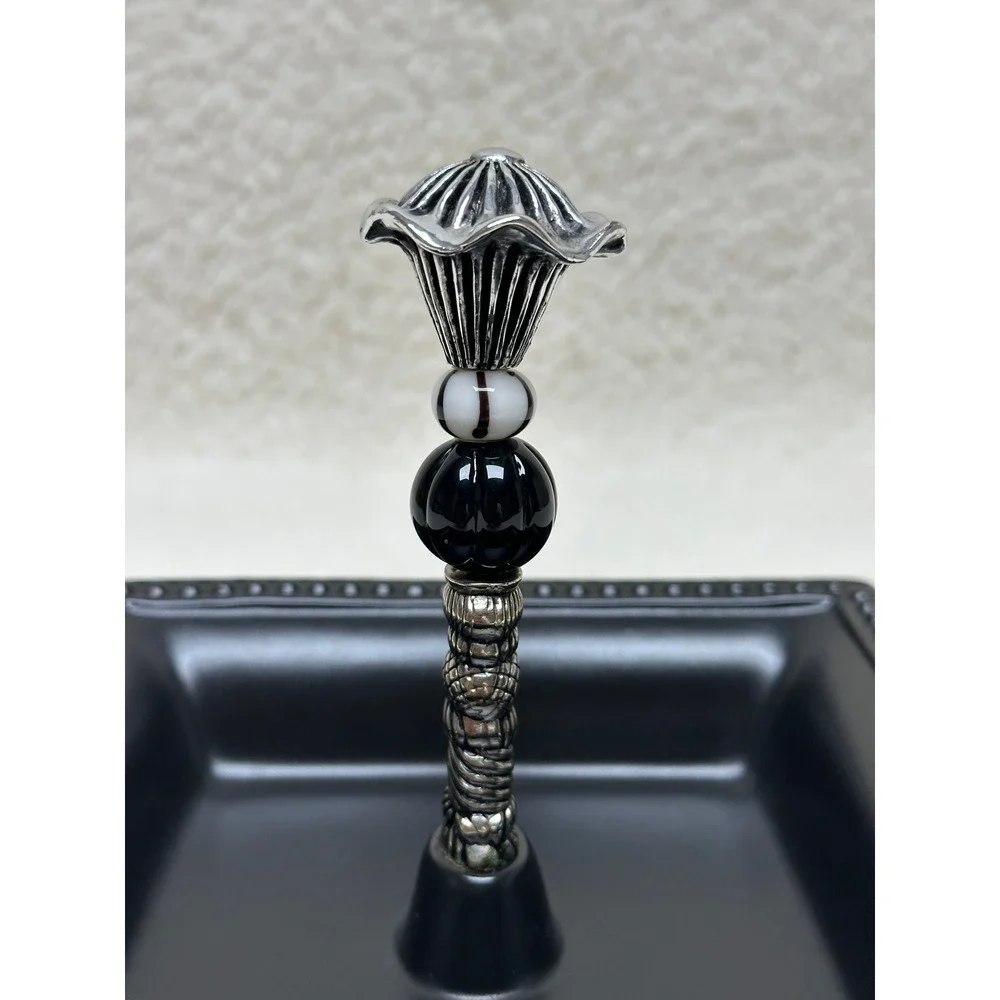 Mud Pie Trinket Candy Dish Black Beaded Ceramic Silver Spindle Glass Beads